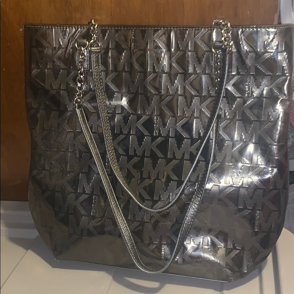Michael Kors MK logo Silver Gunmetal Tote